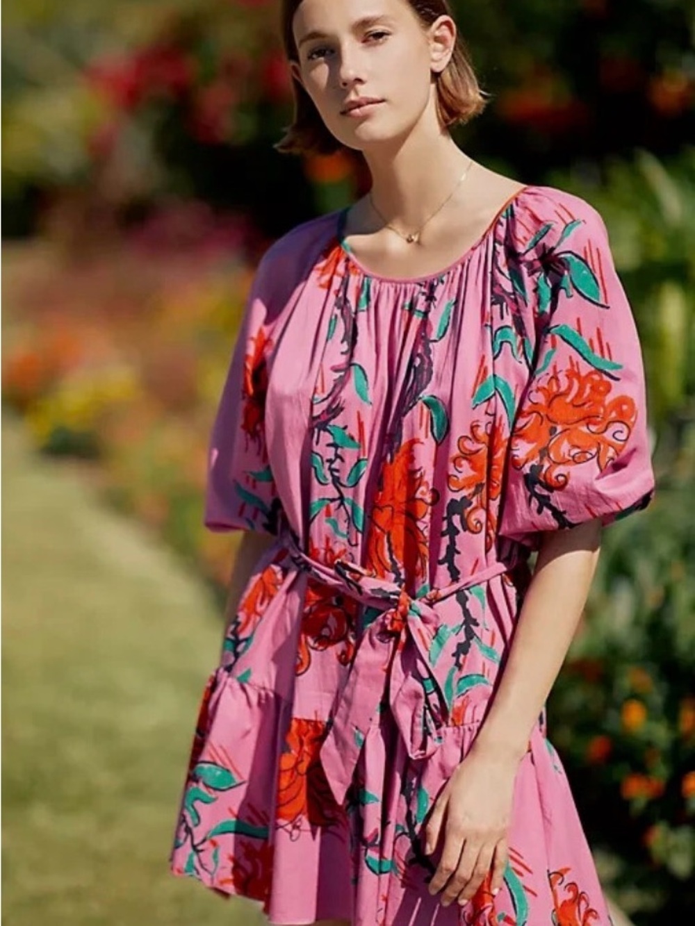 Anthropologie Ro’s Garden Belted Vera Puff Sleeve Mini Dress Sz M